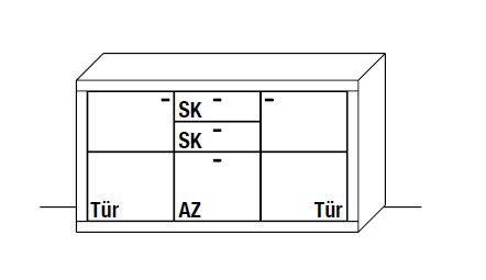 Skizze eines modernen Schranks mit zwei Türen und Schubladen.